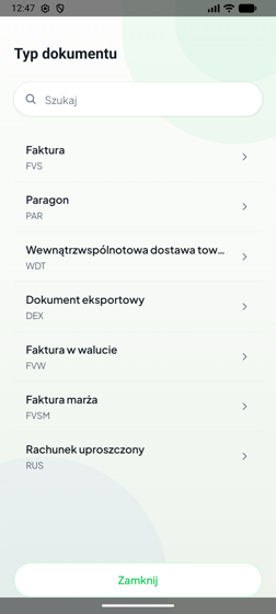 Lista typów dokumentów: Faktura, Paragon, WDT, Dokument eksportowy, Faktura w walucie