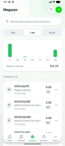 Lista dokumentów magazynowych w aplikacji