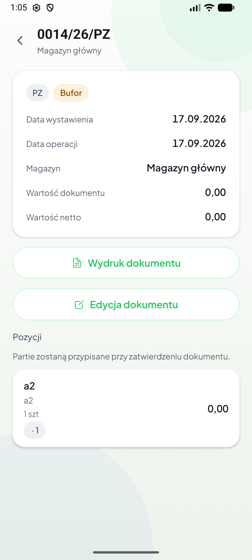 Karta dokumentu magazynowego PZ w buforze